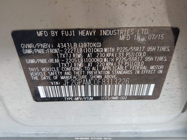 Aukcja sprzedaży 2015 Subaru Xv Crosstrek 2.0i Limited, vin: JF2GPAMC0F8313226, numer aukcji: 45644860