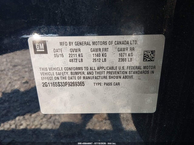 Chevrolet IMPALA 2LZ 2015 2G1165S33F9269365 Image 9