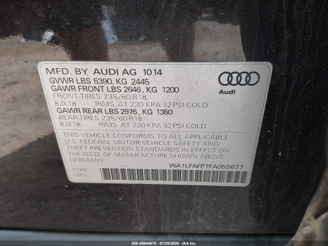 2015 Audi Q5 2.0t Premium მანქანა იყიდება აუქციონზე, vin: WA1LFAFP7FA059677, აუქციონის ნომერი: 45644870