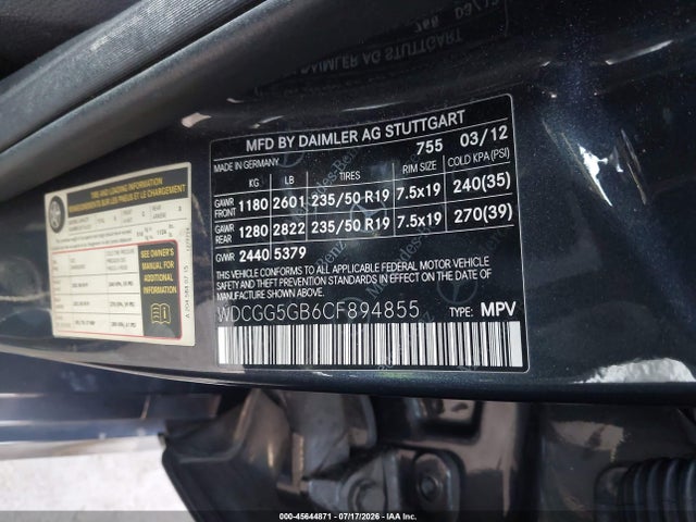 45644871 :رقم المزاد ، WDCGG5GB6CF894855 vin ، 2012 Mercedes-benz Glk 350 مزاد بيع