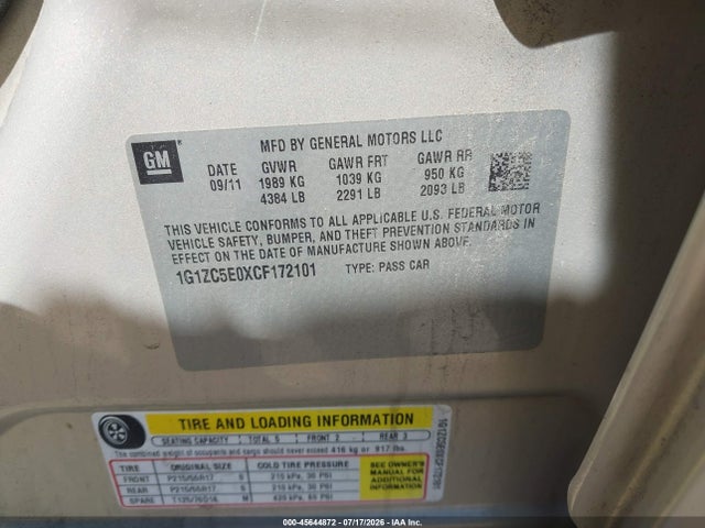 45644872 :رقم المزاد ، 1G1ZC5E0XCF172101 vin ، 2012 Chevrolet Malibu 1lt مزاد بيع