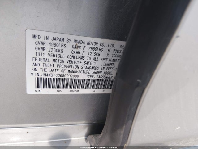 45644877 :رقم المزاد ، JH4KB16668C002090 vin ، 2008 Acura Rl 3.5 مزاد بيع
