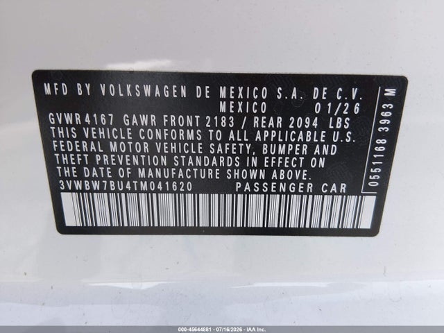 Продаж на аукціоні авто 2026 Volkswagen Jetta Sport, vin: 3VWBW7BU4TM041620, номер лоту: 45644881