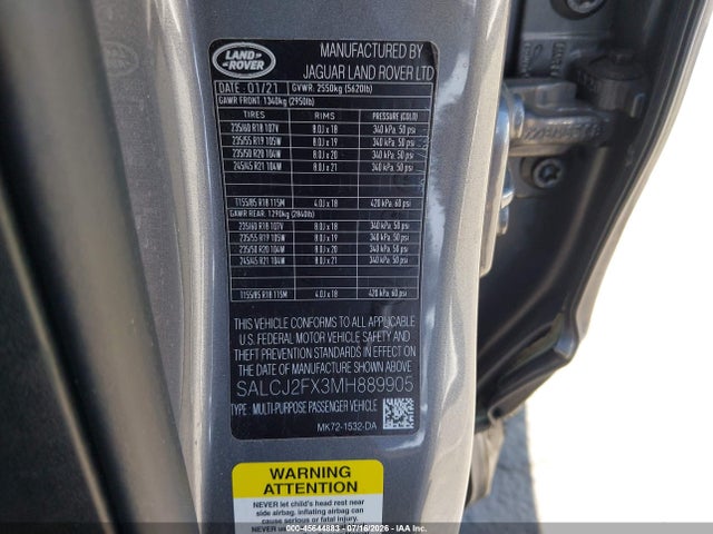 SALCJ2FX3MH889905 Land Rover Discovery Sport S