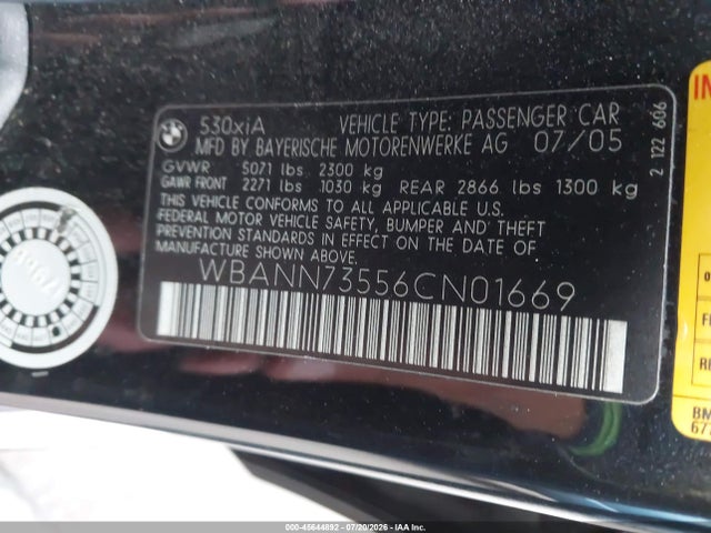 2006 Bmw 530xit მანქანა იყიდება აუქციონზე, vin: WBANN73556CN01669, აუქციონის ნომერი: 45644892
