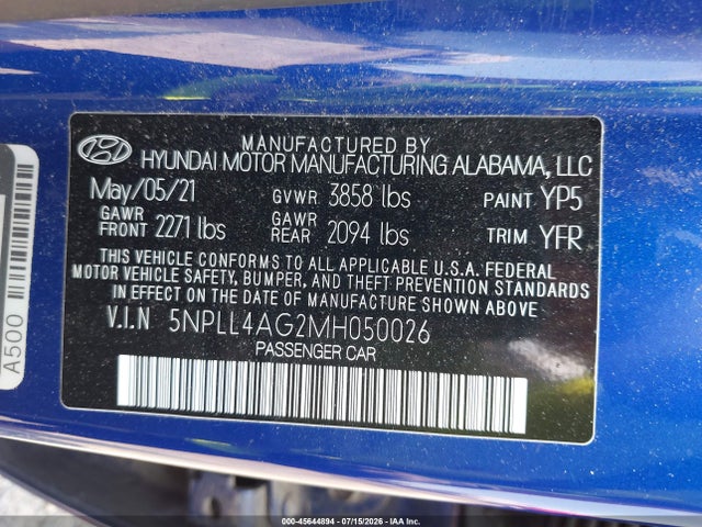 Aukcja sprzedaży 2021 Hyundai Elantra Se, vin: 5NPLL4AG2MH050026, numer aukcji: 45644894