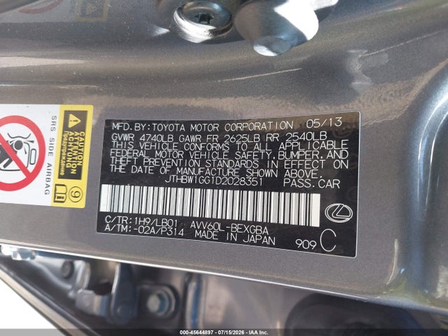 Продажа на аукционе авто 2013 Lexus Es 300h, vin: JTHBW1GG1D2028351, номер лота: 45644897