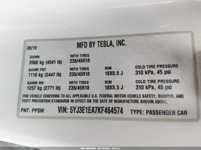 5YJ3E1EA7KF464574 Tesla Model 3 Long Range/mid Range/standard Range/standard Range Plus
