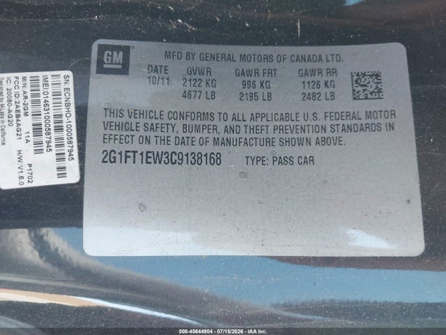 2012 Chevrolet Camaro 2ss მანქანა იყიდება აუქციონზე, vin: 2G1FT1EW3C9138168, აუქციონის ნომერი: 45644904