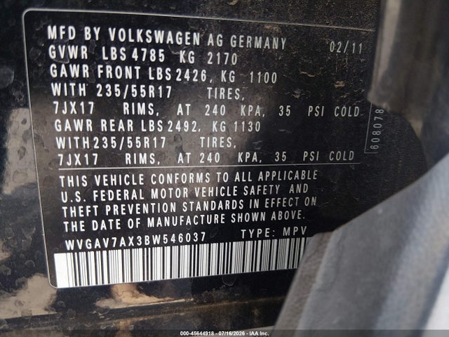 45644918 :رقم المزاد ، WVGAV7AX3BW546037 vin ، 2011 Volkswagen Tiguan Se مزاد بيع