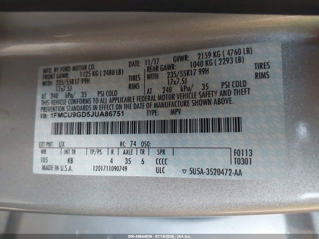 Ford ESCAPE SE 2018 1FMCU9GD5JUA86751 Image 9