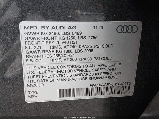 WA16AAFY0R2049785 Audi Q5 Sportback Prestige 45 Tfsi S Line Quattro S Tronic