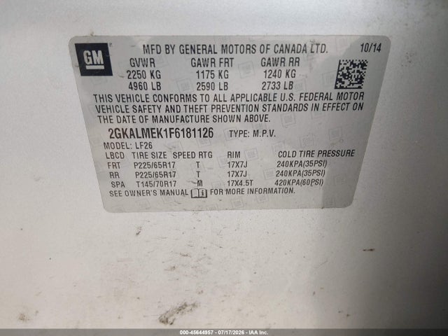 45644957 :رقم المزاد ، 2GKALMEK1F6181126 vin ، 2015 Gmc Terrain Sle-1 مزاد بيع