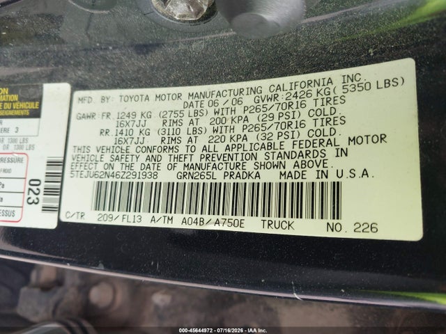 2006 Toyota Tacoma Prerunner V6 მანქანა იყიდება აუქციონზე, vin: 5TEJU62N46Z291938, აუქციონის ნომერი: 45644972