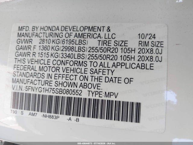 2025 Honda Pilot Touring მანქანა იყიდება აუქციონზე, vin: 5FNYG1H75SB080552, აუქციონის ნომერი: 45644973