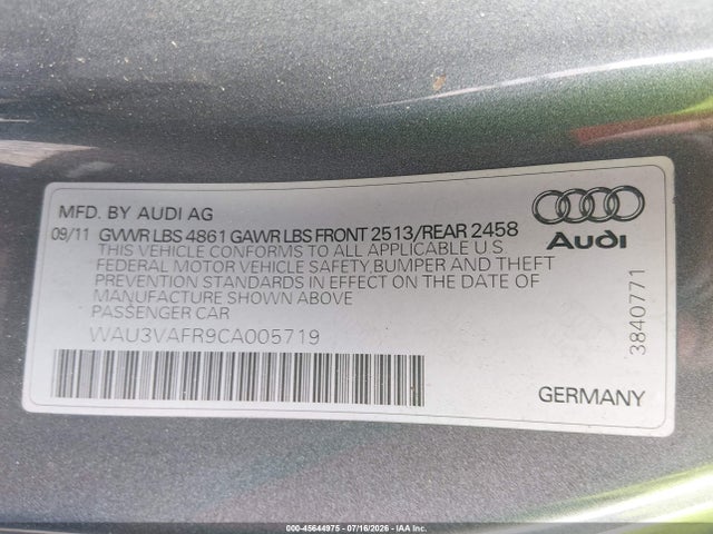 45644975 :رقم المزاد ، WAU3VAFR9CA005719 vin ، 2012 Audi S5 Prestige مزاد بيع