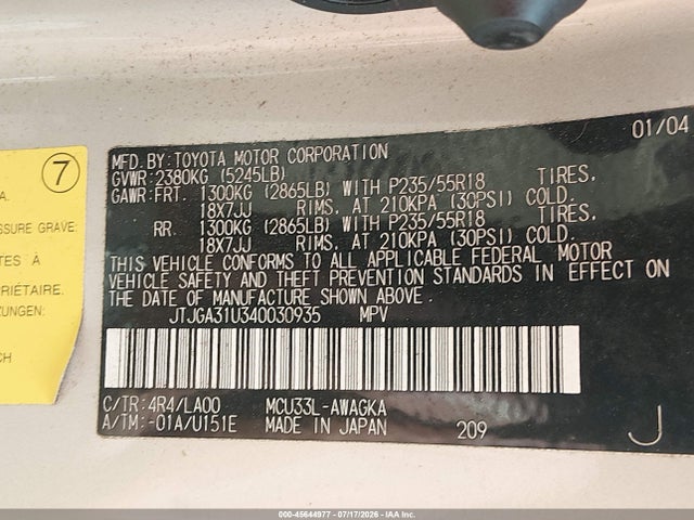 45644977 :رقم المزاد ، JTJGA31U340030935 vin ، 2004 Lexus Rx 330 مزاد بيع