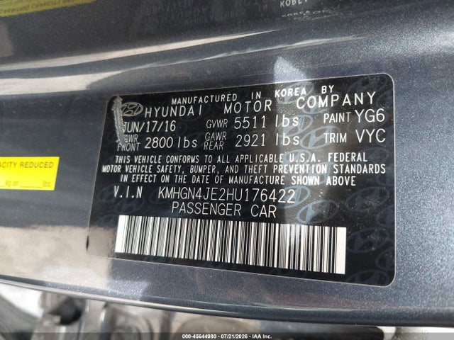 45644980 :رقم المزاد ، KMHGN4JE2HU176422 vin ، 2017 Genesis G80 3.8 مزاد بيع