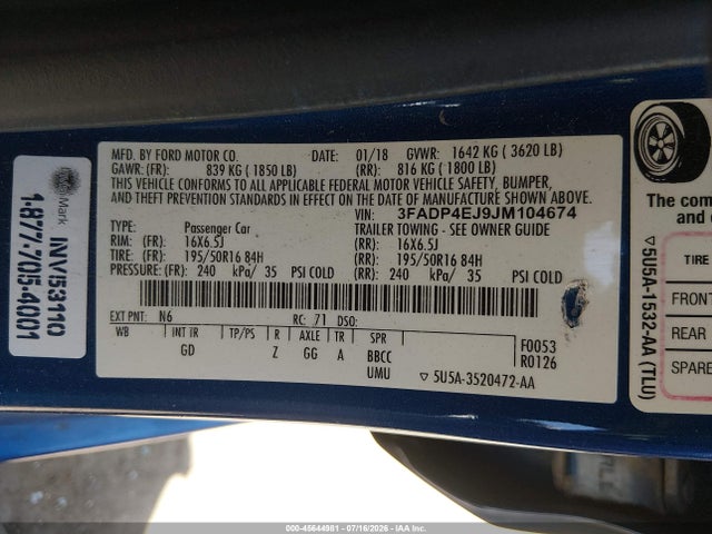 3FADP4EJ9JM104674 Ford FIESTA SE