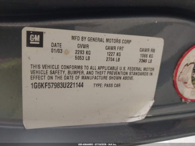 45644993 :رقم المزاد ، 1G6KF57983U221144 vin ، 2003 Cadillac Deville Dts مزاد بيع