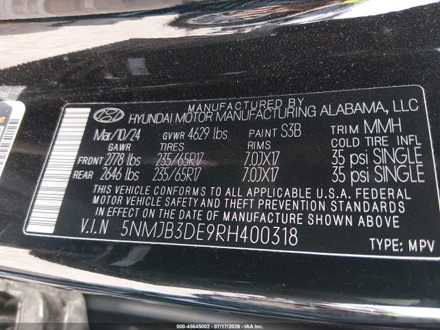 Продажа на аукционе авто 2024 Hyundai Tucson Sel, vin: 5NMJB3DE9RH400318, номер лота: 45645002