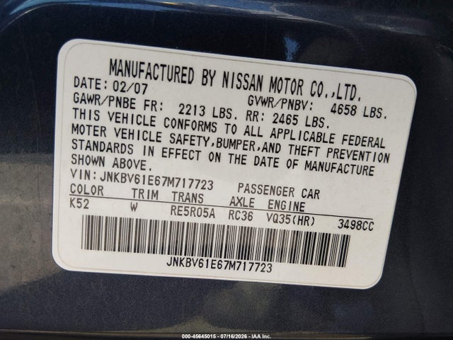 Продаж на аукціоні авто 2007 Infiniti G35 Journey, vin: JNKBV61E67M717723, номер лоту: 45645015