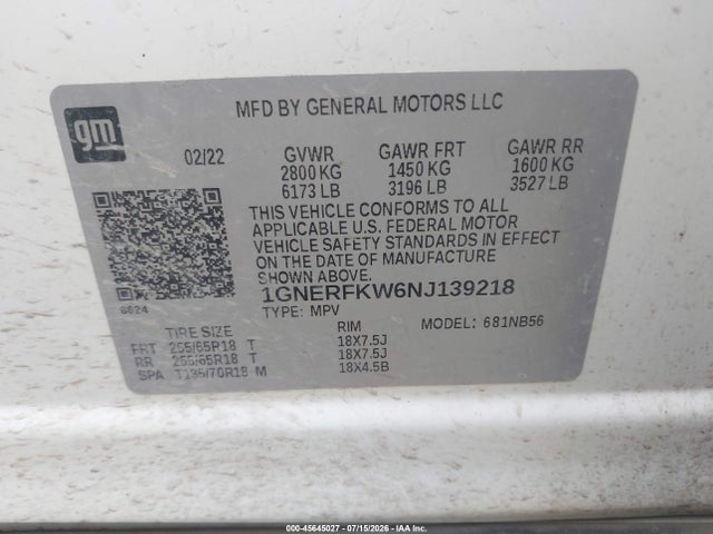 1GNERFKW6NJ139218 Chevrolet Traverse Fwd Ls