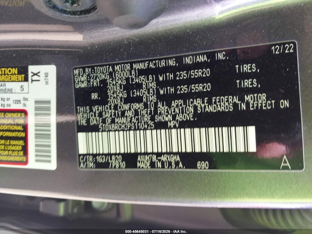5TDXBRCH2PS110425 Toyota Highlander Hybrid Limited