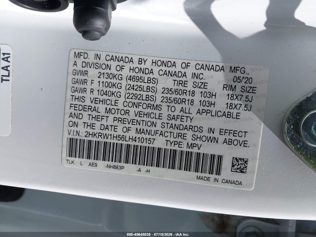 2020 Honda Cr-v 2wd Ex მანქანა იყიდება აუქციონზე, vin: 2HKRW1H56LH410157, აუქციონის ნომერი: 45645038