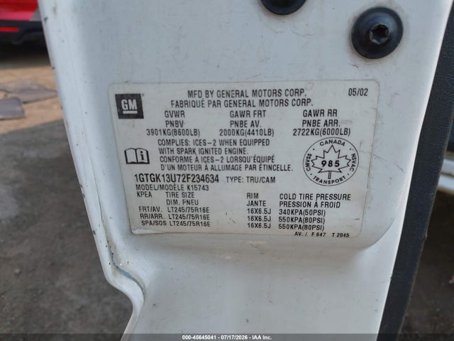 45645041 :رقم المزاد ، 1GTGK13U72F234634 vin ، 2002 Gmc Sierra 1500hd Sle مزاد بيع