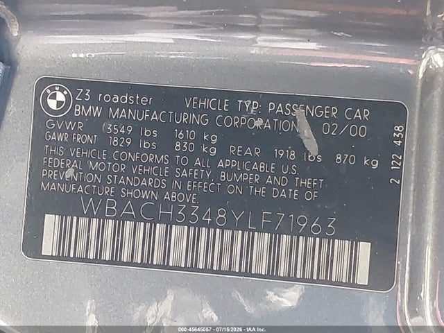 Продажа на аукционе авто 2000 Bmw Z3 2.8, vin: WBACH3348YLF71963, номер лота: 45645057