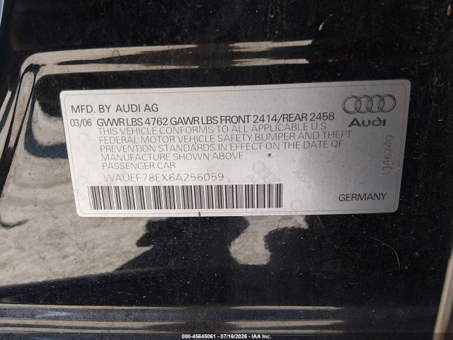 45645061 :رقم المزاد ، WAUEF78EX6A256059 vin ، 2006 Audi A4 2.0t مزاد بيع