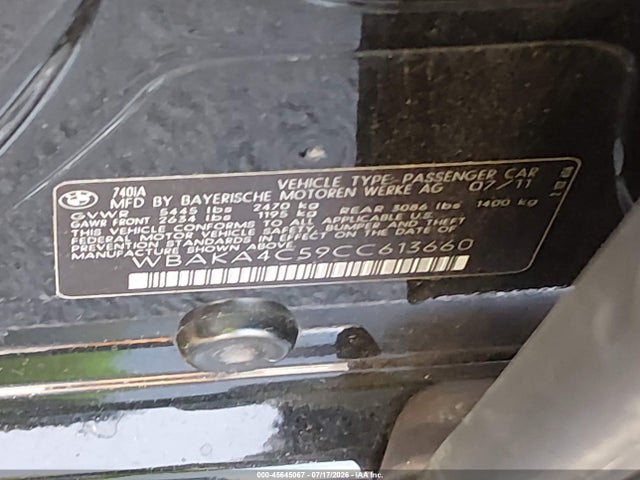 45645067 :رقم المزاد ، WBAKA4C59CC613660 vin ، 2012 Bmw 740i مزاد بيع