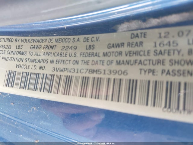 45645069 :رقم المزاد ، 3VWPW31C78M513906 vin ، 2008 Volkswagen New Beetle S مزاد بيع