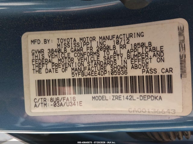 45645075 :رقم المزاد ، 5YFBU4EE4DP105936 vin ، 2013 Toyota Corolla L مزاد بيع