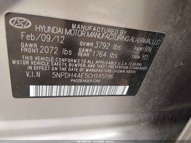 Aukcja sprzedaży 2012 Hyundai Elantra Limited, vin: 5NPDH4AE5CH145196, numer aukcji: 45645102