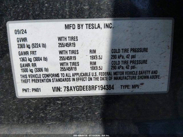 2024 Tesla Model Y Long Range Dual Motor All-wheel Drive მანქანა იყიდება აუქციონზე, vin: 7SAYGDEE8RF194384, აუქციონის ნომერი: 45645118