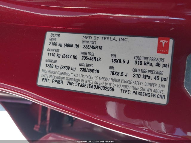 Tesla Model 3 Long Range/mid Range 2018 5YJ3E1EA0JF002968 Image 9