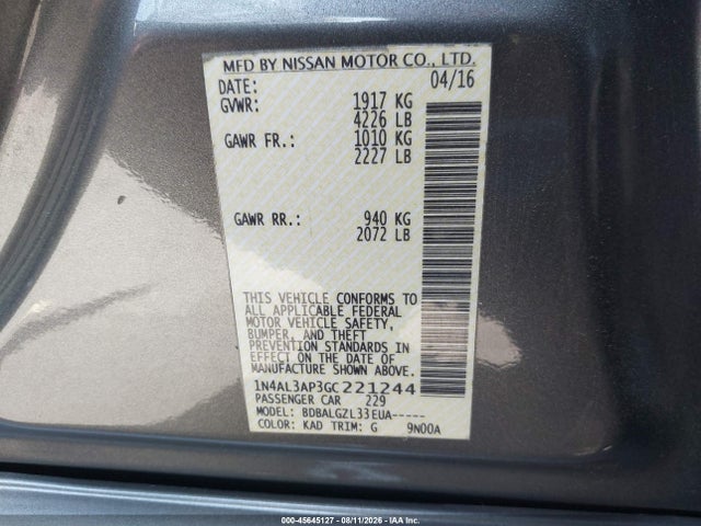 1N4AL3AP3GC221244 Nissan Altima 2.5/2.5 S/2.5 Sl/2.5 Sr/2.5 Sv