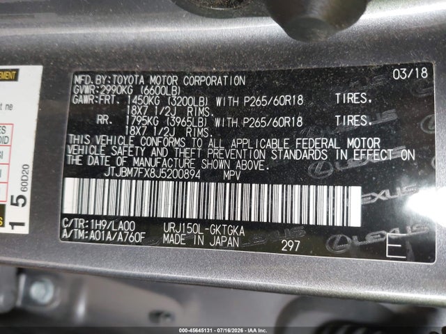 Aukcja sprzedaży 2018 Lexus Gx 460, vin: JTJBM7FX8J5200894, numer aukcji: 45645131
