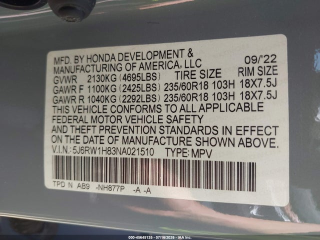 Aukcja sprzedaży 2022 Honda Cr-v 2wd Ex-l, vin: 5J6RW1H83NA021510, numer aukcji: 45645135