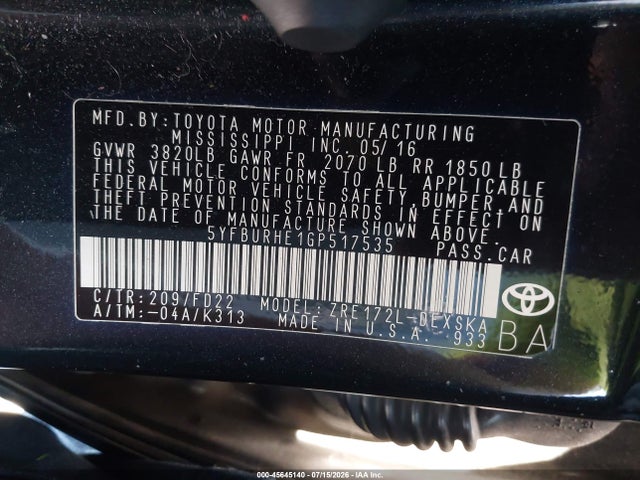 Toyota Corolla S Plus 2016 5YFBURHE1GP517535 Image 9