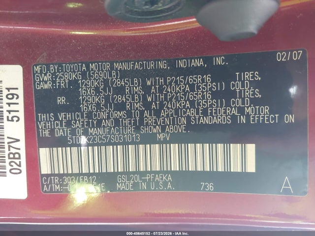 2007 Toyota Sienna Le მანქანა იყიდება აუქციონზე, vin: 5TDZK23C57S031013, აუქციონის ნომერი: 45645152