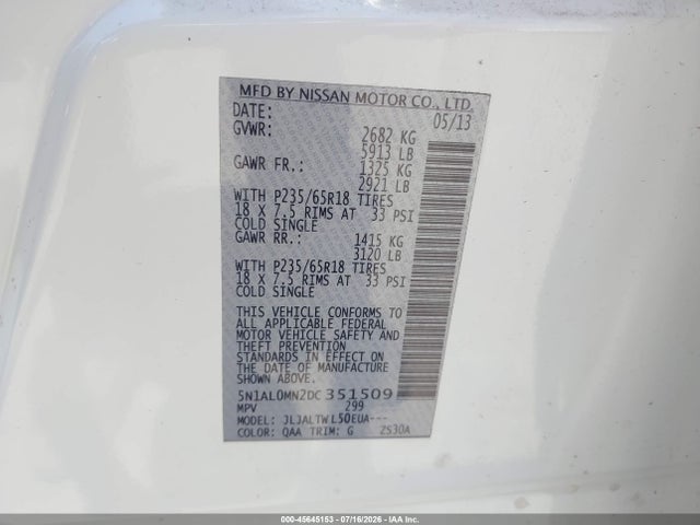 Продаж на аукціоні авто 2013 Infiniti Jx35, vin: 5N1AL0MN2DC351509, номер лоту: 45645153