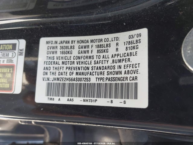 45645164 :رقم المزاد ، JHMZE2H56AS007253 vin ، 2010 Honda Insight Lx مزاد بيع