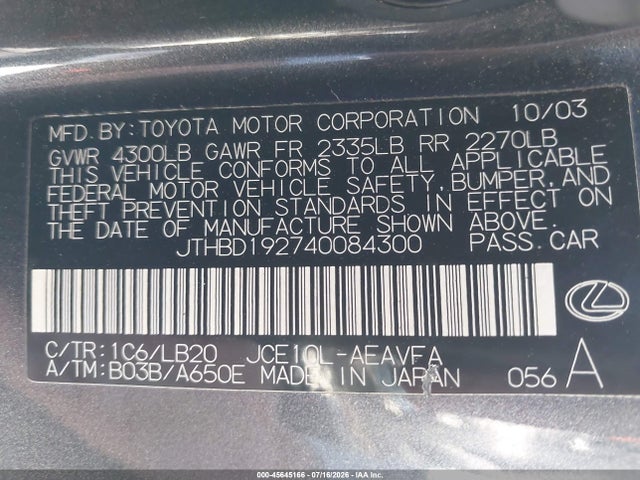 45645166 :رقم المزاد ، JTHBD192740084300 vin ، 2004 Lexus Is 300 مزاد بيع