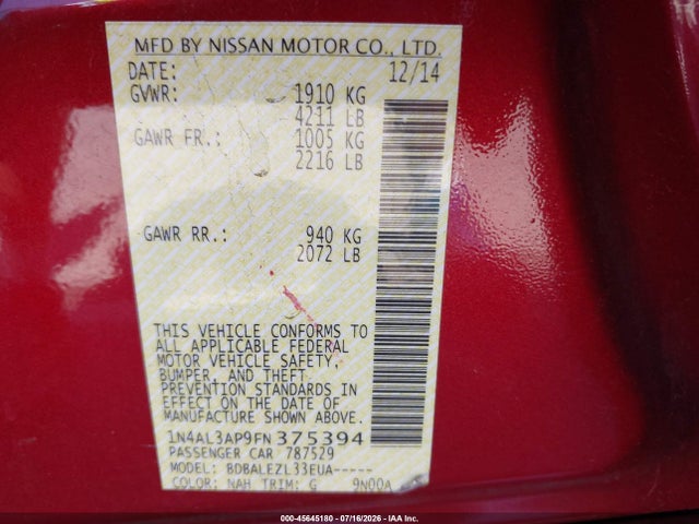 1N4AL3AP9FN375394 Nissan Altima 2.5/2.5 S/2.5 Sl/2.5 Sv