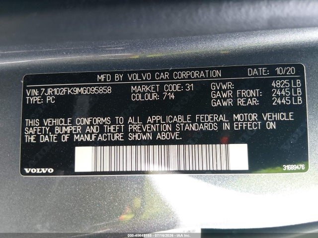 Aukcja sprzedaży 2021 Volvo S60 T5 Momentum, vin: 7JR102FK9MG095858, numer aukcji: 45645185