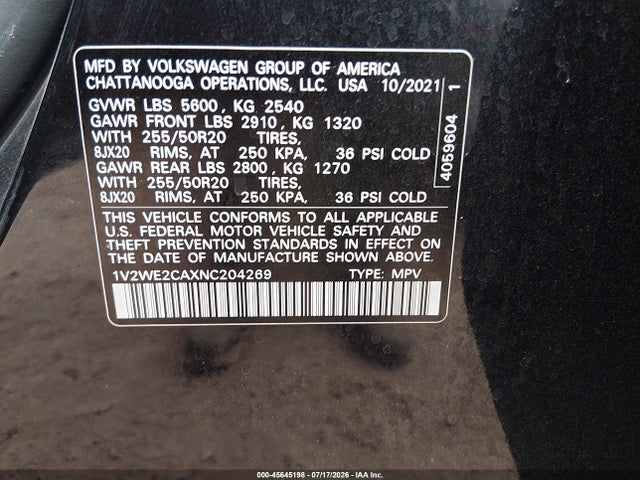 1V2WE2CAXNC204269 Volkswagen Atlas Cross Sport 3.6l V6 Se W/technology