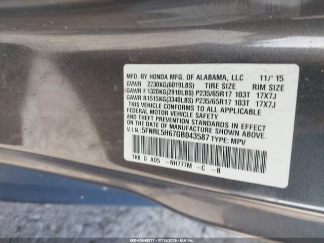 2016 Honda Odyssey Ex-l მანქანა იყიდება აუქციონზე, vin: 5FNRL5H67GB043587, აუქციონის ნომერი: 45645217